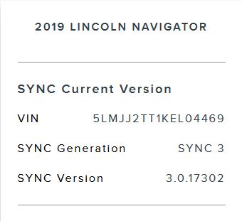 Lincoln Sync 3 Version Screen